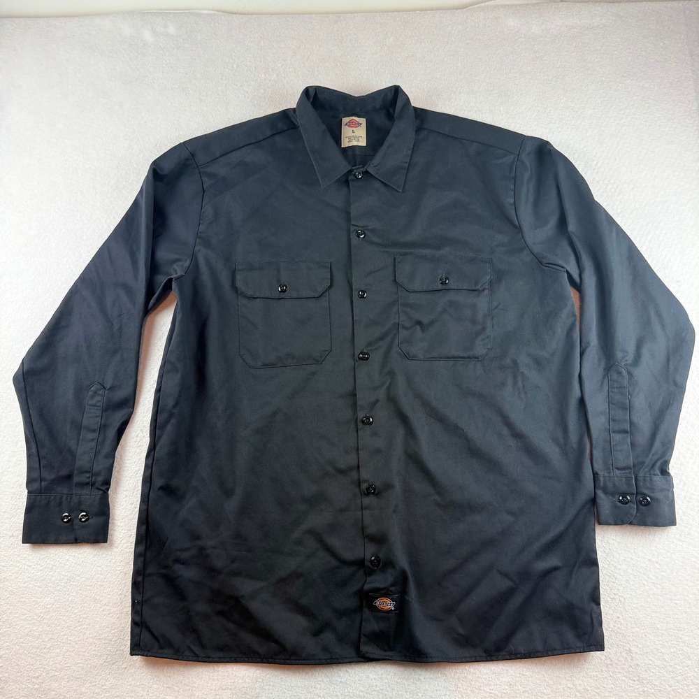 Dickies Mens Long Sleeve Button Down Work Shirt Black Twill Size Large L
